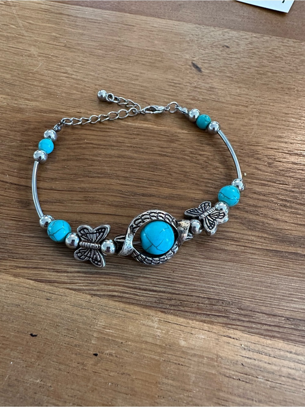 Turquoise Butterfly Silver-Tone Beaded Bracelet